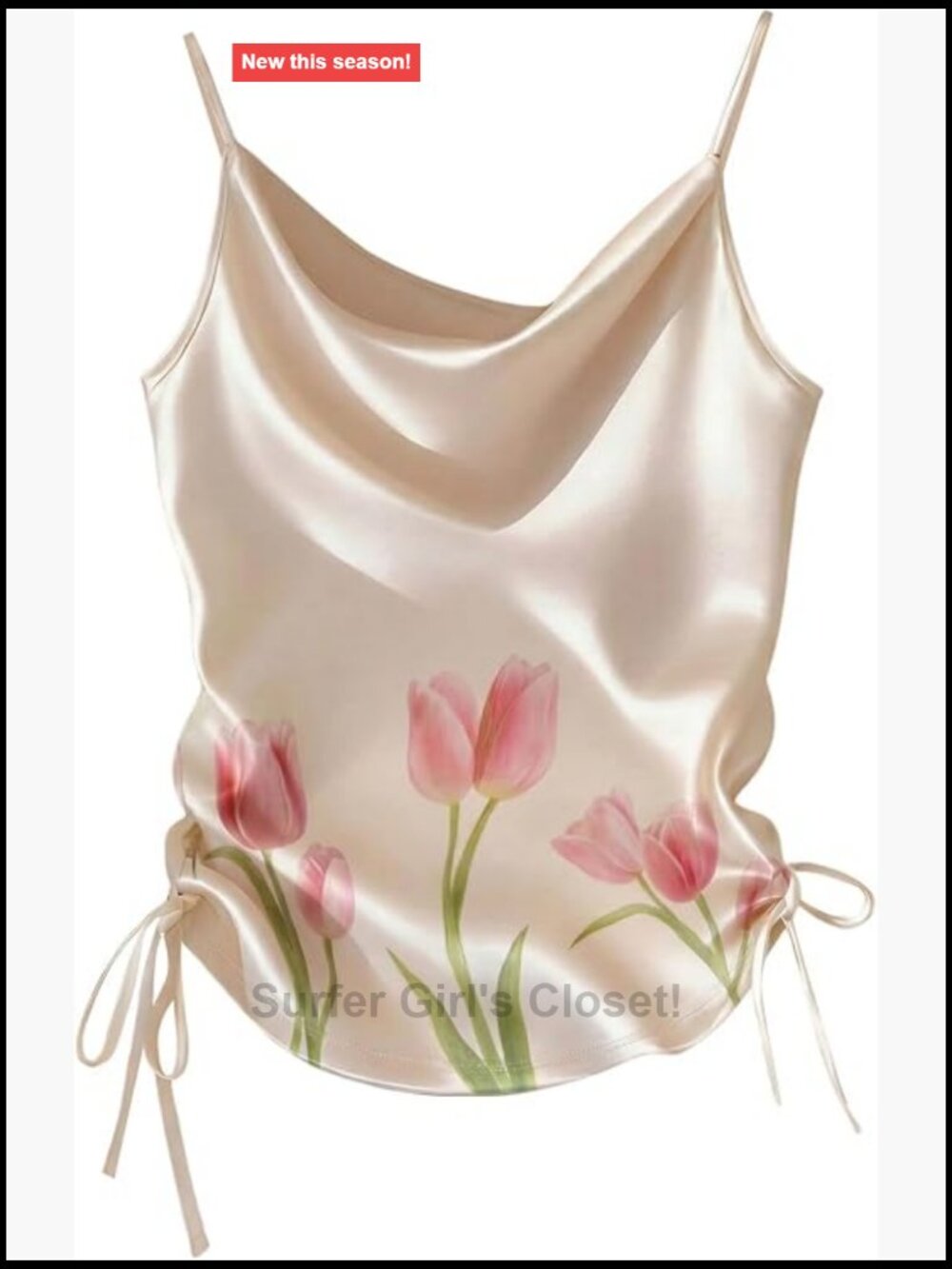 Satin Cowl Neck Camisole Floral Spaghetti Strap Ruched Drawstring Cami